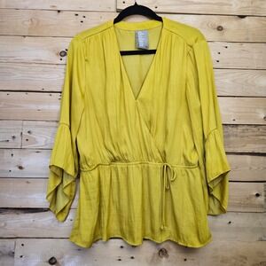 Dolan Left Coast Collection Mustard Yellow Wrap Blouse Ruffle Bell Sleeve Medium